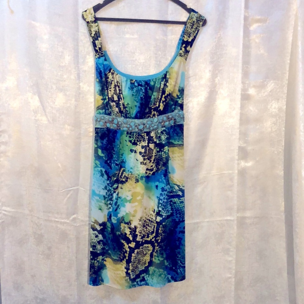 Bisou Bisou dress Michele Bohbot Aqua abstract beaded waist midi dress Size 20 W